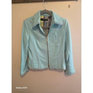 Dana Buchman Leather Jacket Womens 8P Blue Excellent Fringe Zip DBPU9609